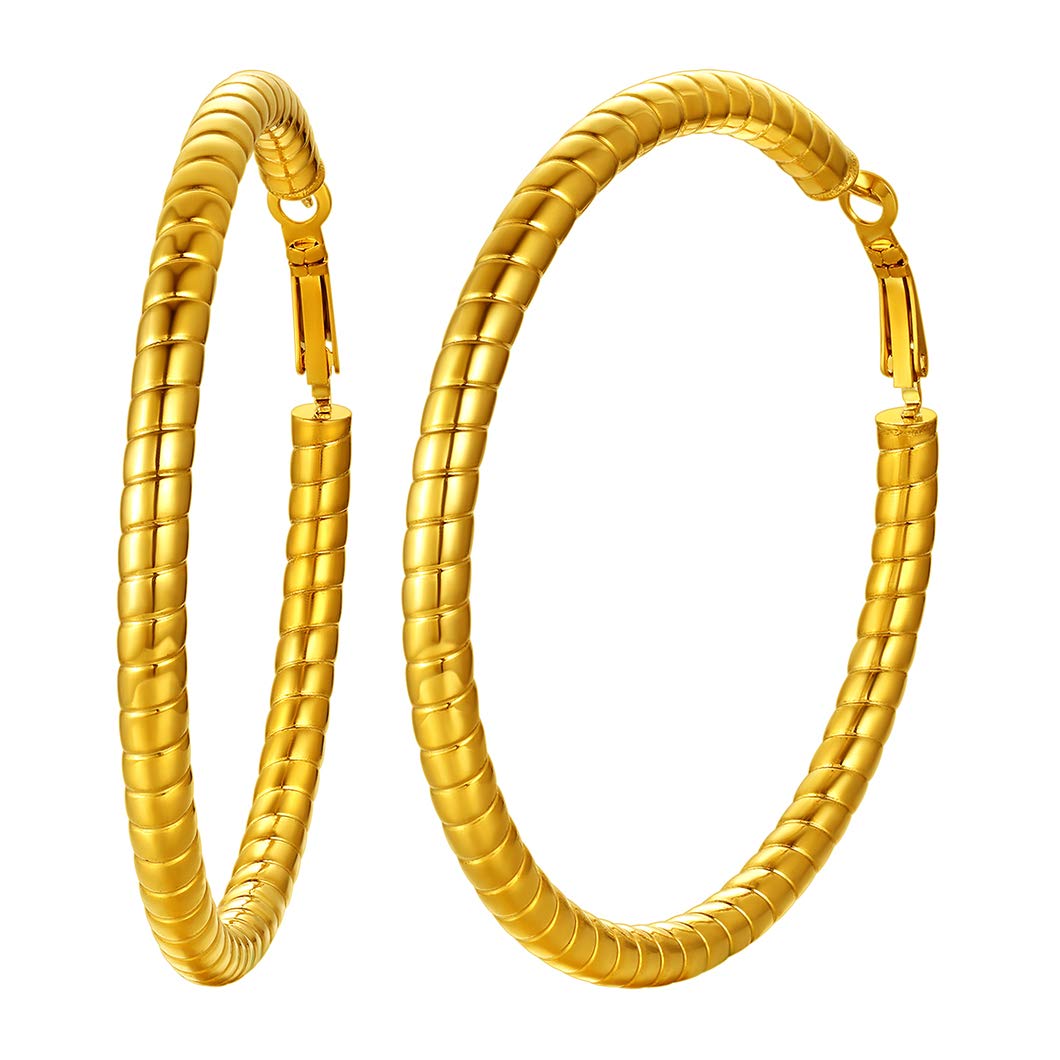 Gold Earrings 70MM Diameter Hoop Earring Air-corn Tubular Earbob Lightweight 18K Gold Plated Stainless Steel Party Jewellery For Girls Present For Lover Trendy Women Earring Loop (With Gift Box)