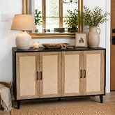 ALBSL Buffet Cabinet with Storage, Sideboard with 4 Doors and Adjustable Shelves, Rattan Storage Cabinet Coffee Bar Display Cabinet Console Table Credenza for Kitchen Entryway (Black and Natural)