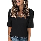 TICTICMISS Women's V Neck T Shirts Half Sleeve Tops Casual Solid Summer Tees