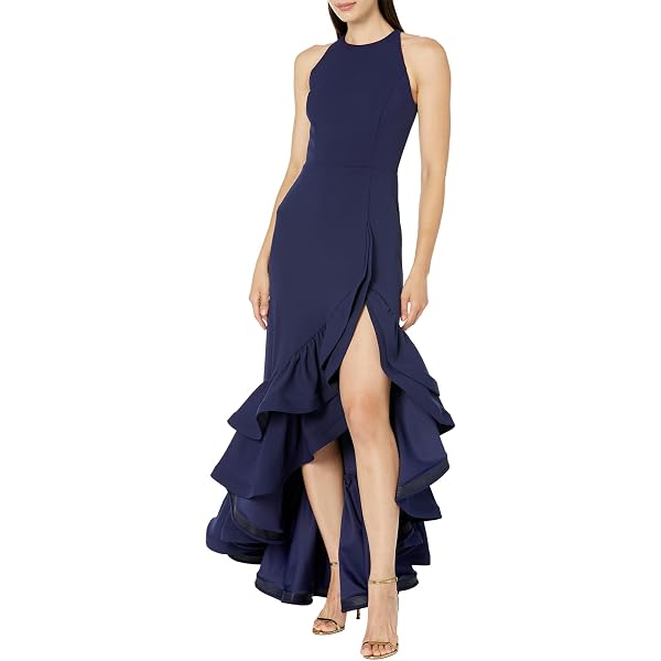 Betsy & Adam Women's Long Halter Crepe Tiered Ruffle Gown, Navy, 2P at  Amazon Women's Clothing store