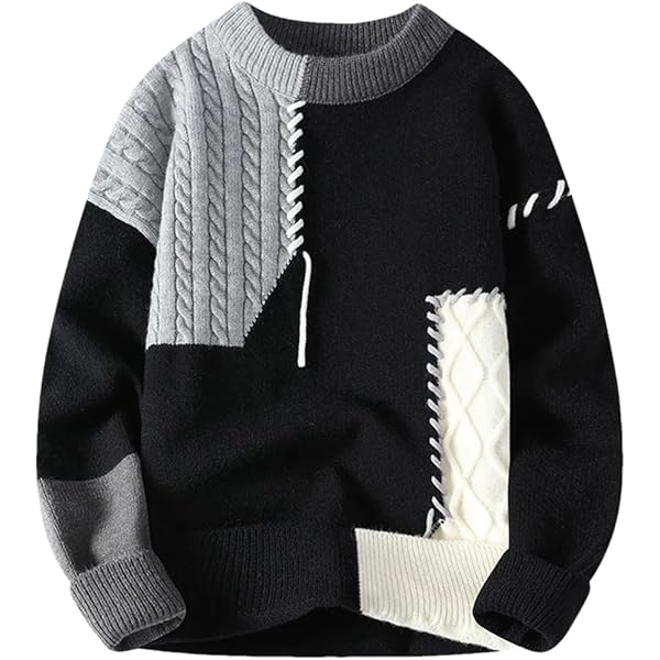 Mens Casual Patchwork Sweater Korean Streetwear Hip Hop Sweaters