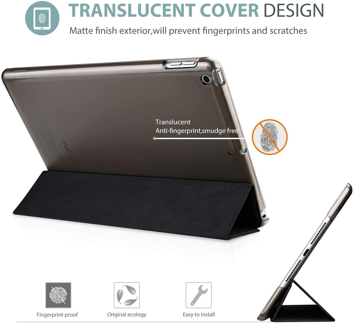 ProCase for iPad 9th/ 8th/ 7th Generation Case 10.2 Inch (2021/2020/2019 Release), 10.2 iPad Case 9th/ 8th/ 7th Gen Cover, Slim Smart Cover with Translucent Hard Shell Back -Matte Black