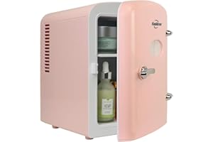 Koolatron retro Mini Portable Fridge, 4L Compact Refrigerator for Skincare, Beauty Serum, Face Mask, Personal Cooler, Includes 12V and AC Cords, Desktop Accessory for Home Office Dorm Travel, Pink