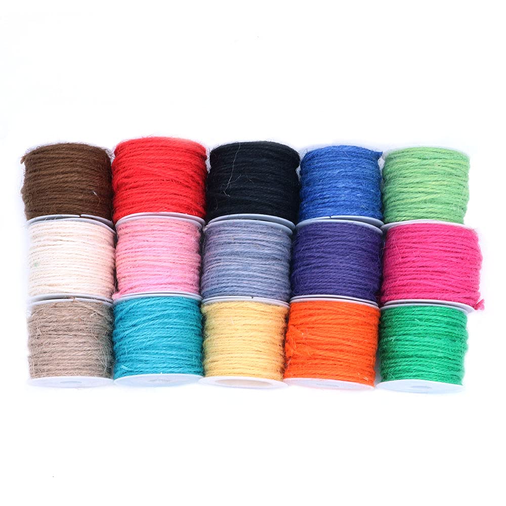 ANCLLO 15 Rolls Colored Jute Twine Craft Packing String 2mm Natural Hemp Twine Rope for Christmas Bracelets Gift Wrapping Picture Display