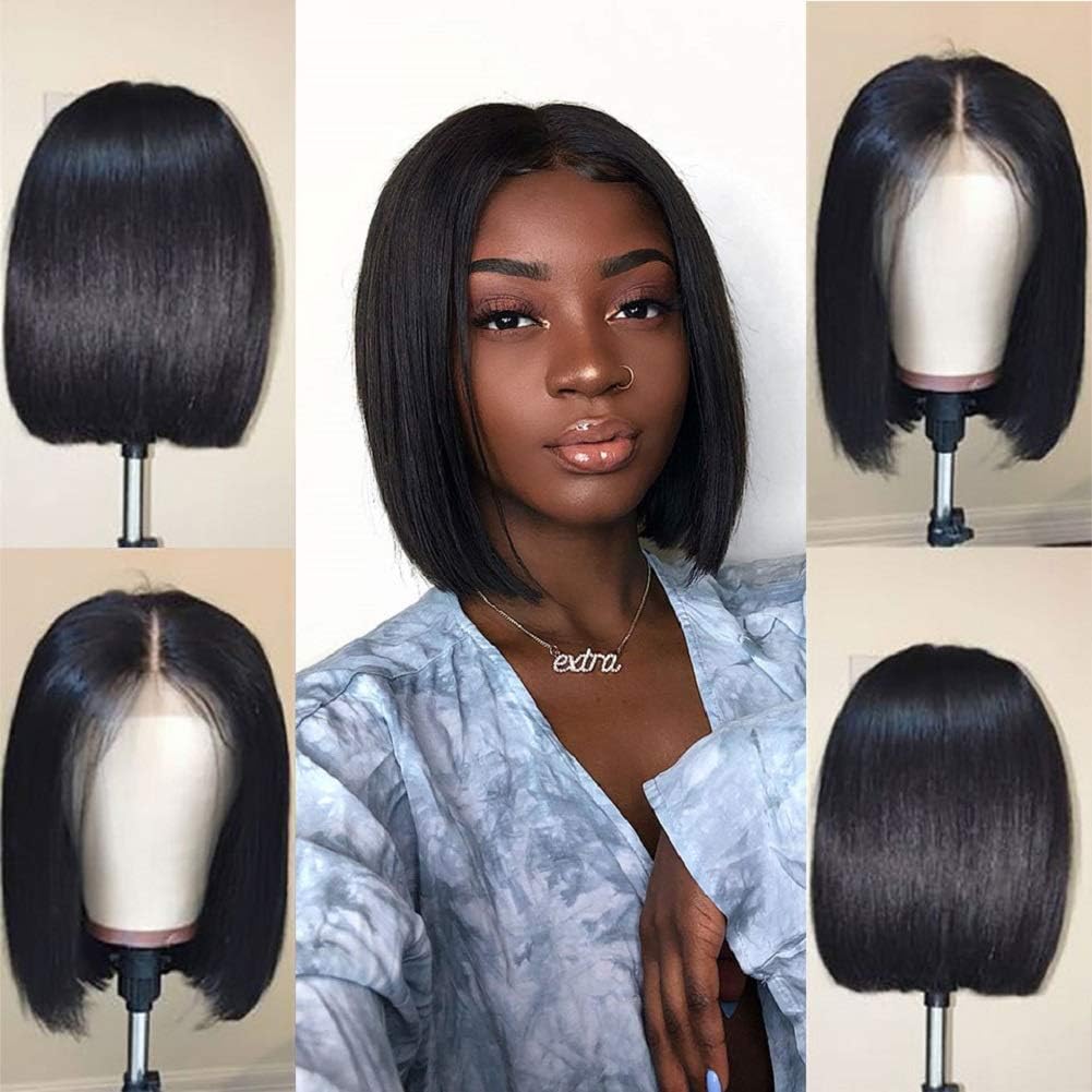 Jaja Hair Human Hair Wigs 4x4 Lace Closure Wigs for Black Women Short Bob Wigs 8 Inch Brazilian Virgin Hair Straight Bob Wigs Remy Hair Wigs Pre Plucked with Baby Hair Natural Black