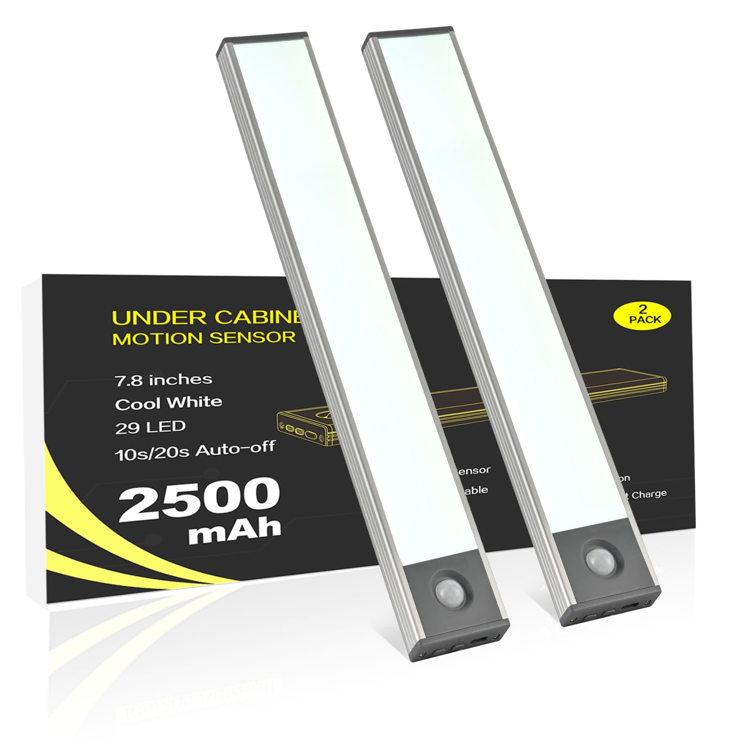 Under Cabinet Lighting, 2500mAh Motion Sensor Light Indoor, 160lm Rechargeable-Battery-Operated Closet Light, Magnetic Under Counter Lights for Kitchen, Stair, Drawer, Safe(7.8in, Cool White, 2 Pack)