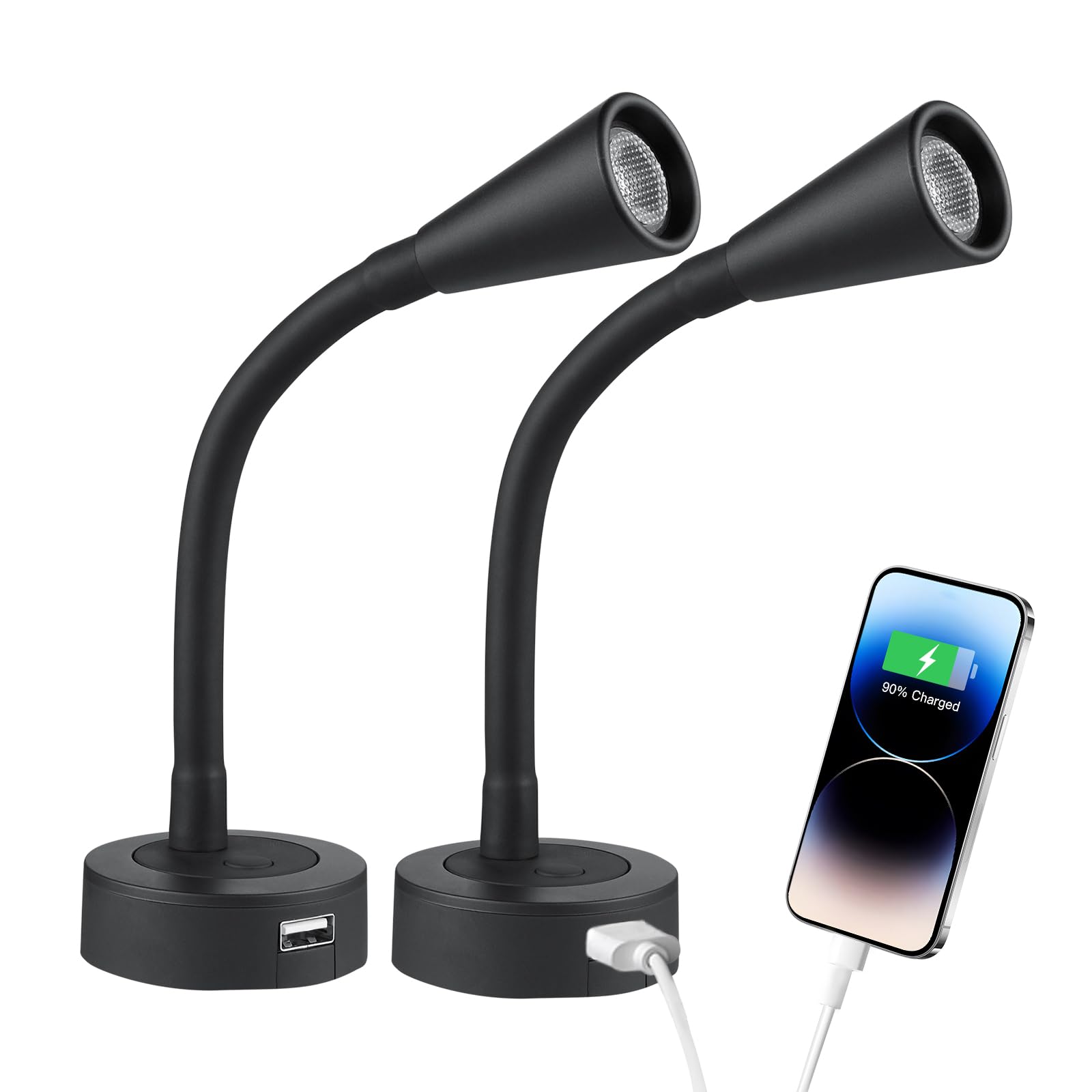 Photo 1 of acegoo 12V LED Reading Light RV Dimmable Reading Lamp with USB Charger 12 Volt Flexible Goosneck Light for Boat Camper Van Trailer Interior Lighting, Hard-Wired Surface Mount, 2-Pack