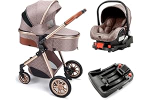 Wisesonle Baby Stroller, Infant Bassinet Strollers, Folding Pram for Newborns, Anti-Shock 4 Wheels (2-Brown(with Base))