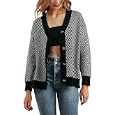 chouyatou Women's 2025 Button Down V Neck Cardigans Herringbone Striped Sweater Cardigan Jacket Outerwear Coat