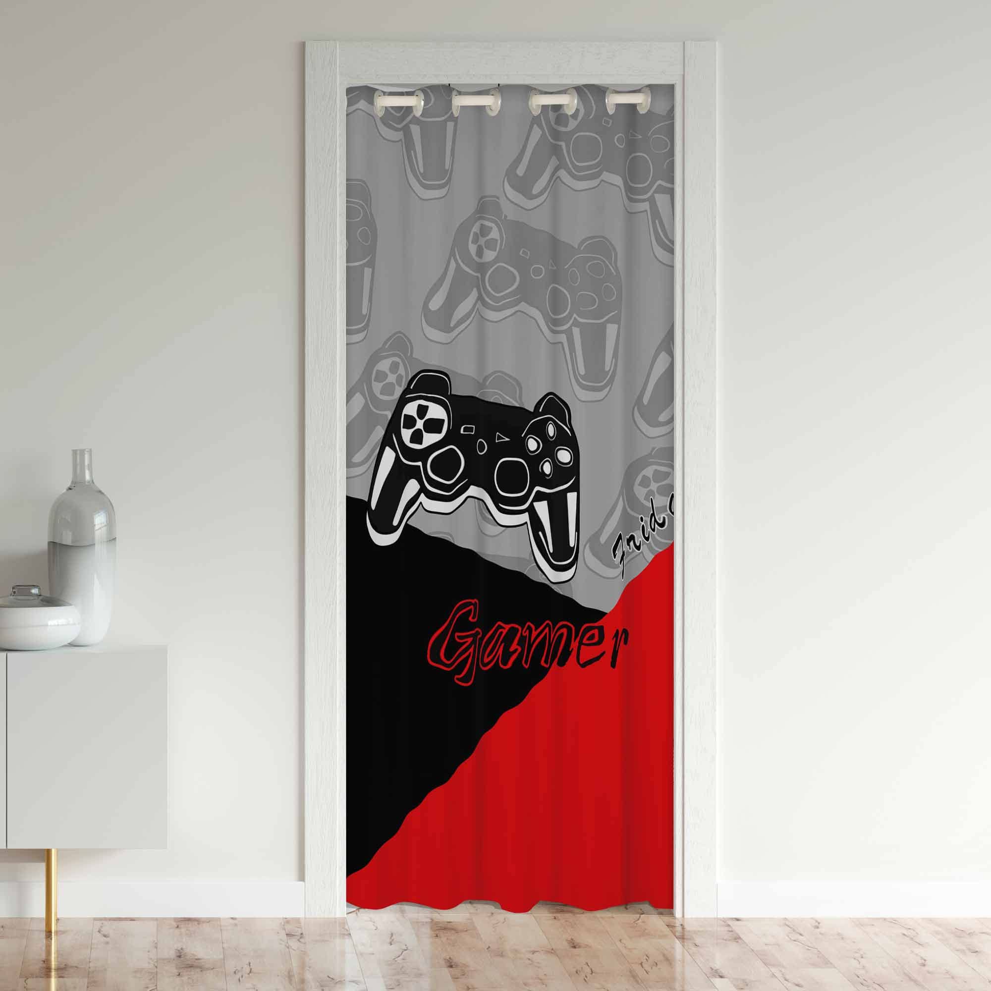 Loussiesd Gamer Doorway Curtain Privacy Gaming Door Cover Curtain Red Grey Black Privacy Heat Blocking Blackout Thermal Insulated Door Curtain Game Decor Darkening Blackout Curtains 106x203cm 1 Panel