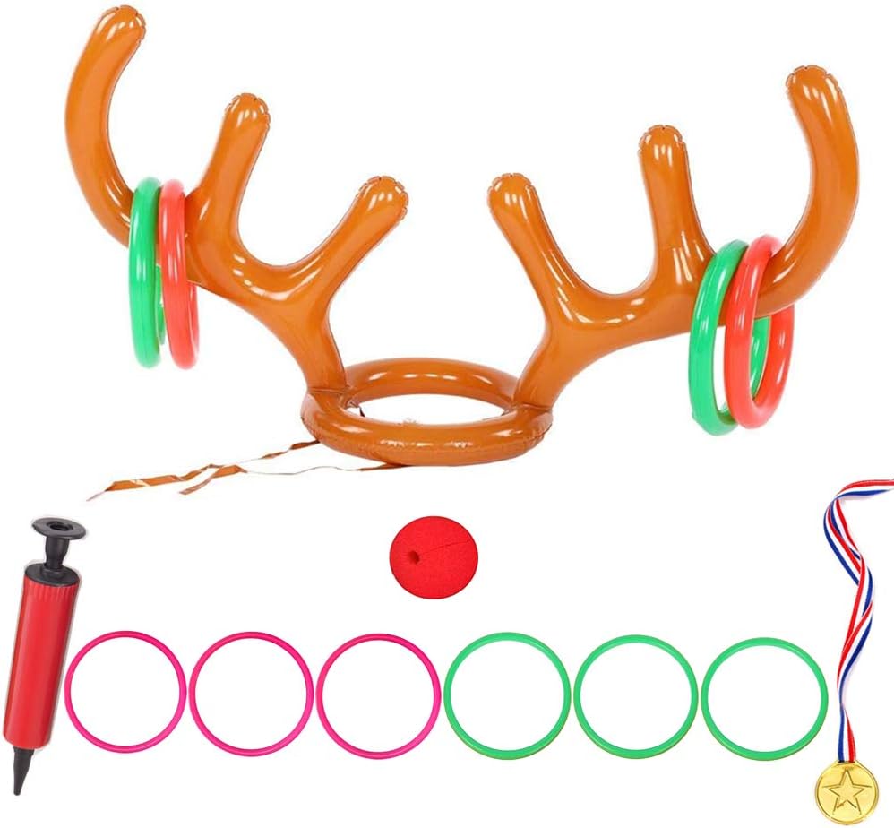 14 Pcs Christmas Reindeer Toss Game Set Inflatable Reindeer Antler Hat