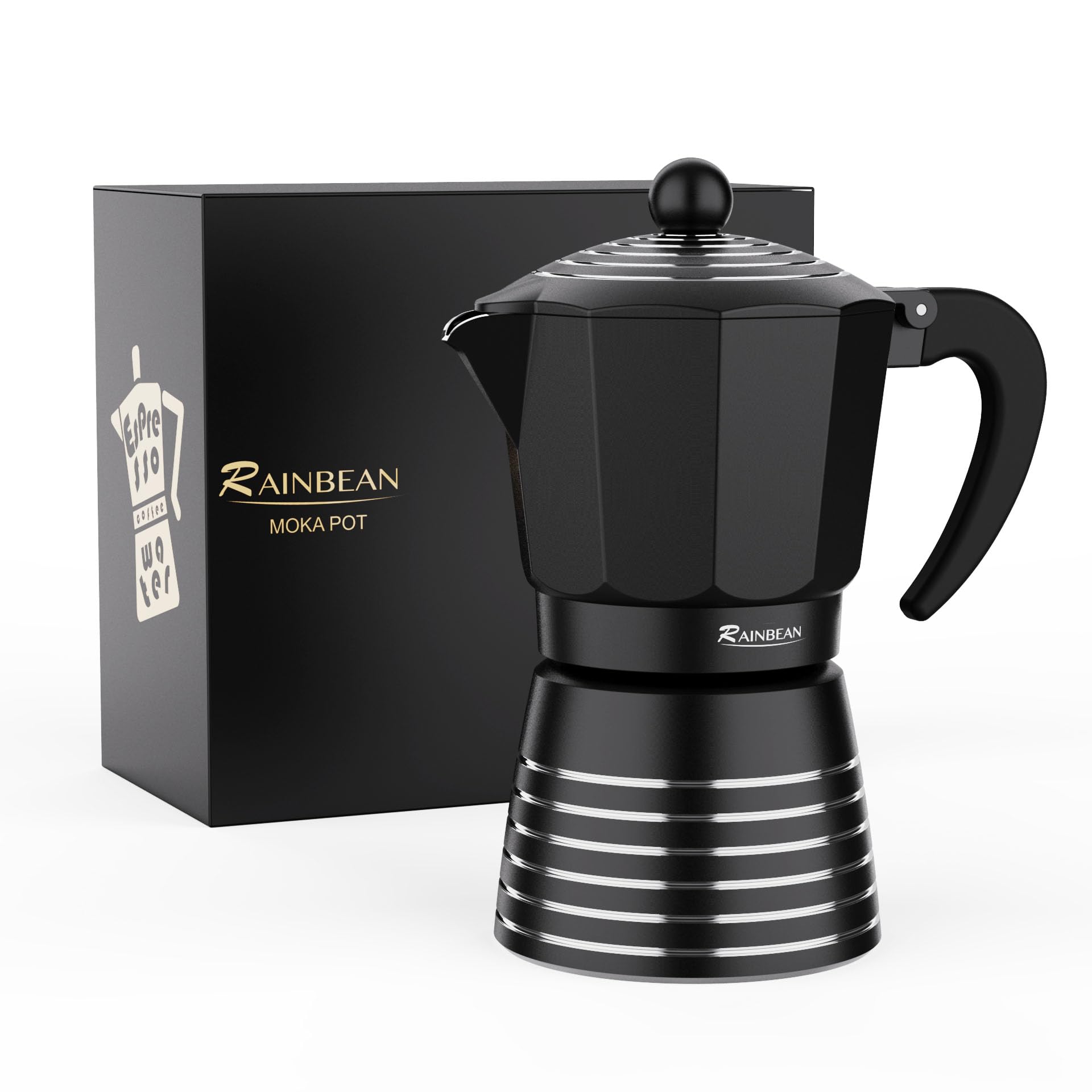 RAINBEAN Moka Pot 6 Cup Set Espresso Maker, Steam Italian Stovetop Coffee Makers Percolator, Aluminum Ripple Ring Design, Easy To Use & Clean,Black