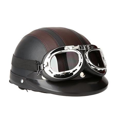 SODIAL(R) Motorrad Roller Open Face halbes Leder-Helm mit Visier UVschutzbrille Retro Vintage Style 54-60cm Braun