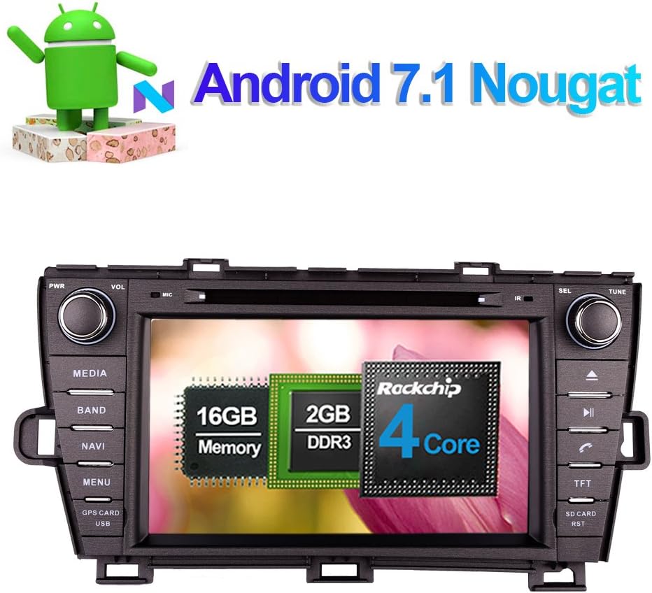 8 Inch Android 7.1 Quad Core Car Stereo CD DVD Player Head Unit with Bluetooth Touch Screen Gps Navigation System for Toyota Prius 2009- Support FM AM WIFI/3G Video Output Cam In