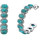BETHZA Real Turquoise Hoop Earrings 925 Sterling Silver Western Turquoise Boho Earring Jewelry Gift for Women