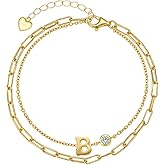 Initial Bracelet for Women, 925 Sterling Silver 14K Gold Plated Dainty Layered Stackable Paperclip Letter Bracelets, Trendy Jewelry Valentine Birthday Gifts for Wife Mom Girlfriend Sister Daughter