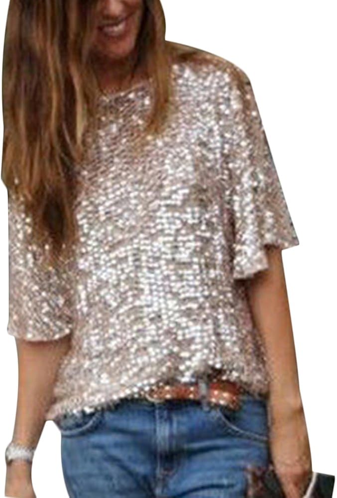 Womens Sequin T Shirt Tops Casual Loose Bling Sparkle Short Sleeve Tees Shirt Blouse UK 616