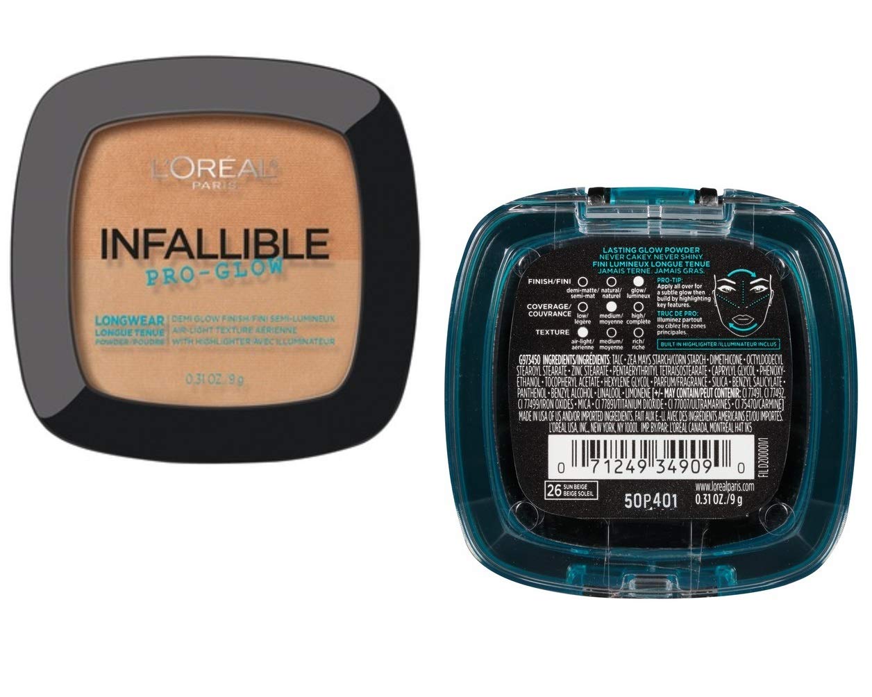 Pack of 2 L'Oreal Paris Infallible Pro Glow Lasting Glow Powder, Sun Beige (26)