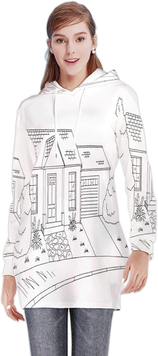 Pretty Lady - ing Pug While Working on -s in Home Office,Women's Sweatshirt Casual Long Sleeve Pullover Hoodie Dress