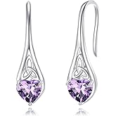 Celtic Earrings 925 Sterling Silver Trinity Knot Hook Dangle Drop Earrings with 6mm Heart Birthstones Jewelry Gifts for Women Her