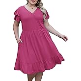 Celkuser Plus Size Casual Wrap V-Neck Ruffle Short Sleeve Midi Dress for Curvy Women with Pocket Spring and Autumn Dress