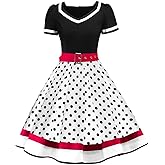 Women Short Sleeve Sailor 1950s Vintage Dress 50s Audrey Hepburn Rockabilly Cocktail Swing Dress 1940s Tea Party Dress with Belt Pleated Wedding Prom Fared A-Line Midi Evening Gown White+Black L