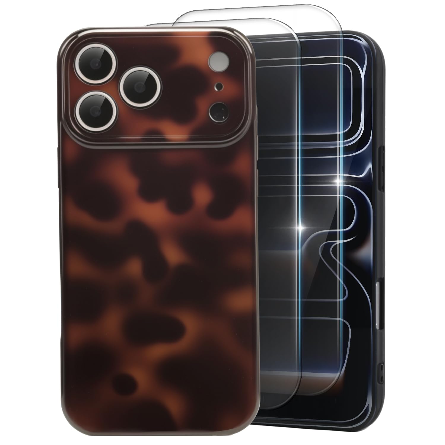 MYY Cute Phone Case for iPhone 17 Pro Max Case, [with 2X Screen Protector] Tortoise Shell Pattern Leopard Full Camera Protective Slim Shockproof Cool Trendy Aesthetic-Brown Amber