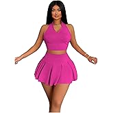 RoseSeek Women's 2 Piece Tennis Skirt Set Sleeveless Racerback Crop Tank Tops High Waisted Pleated Mini Skirt Outfits