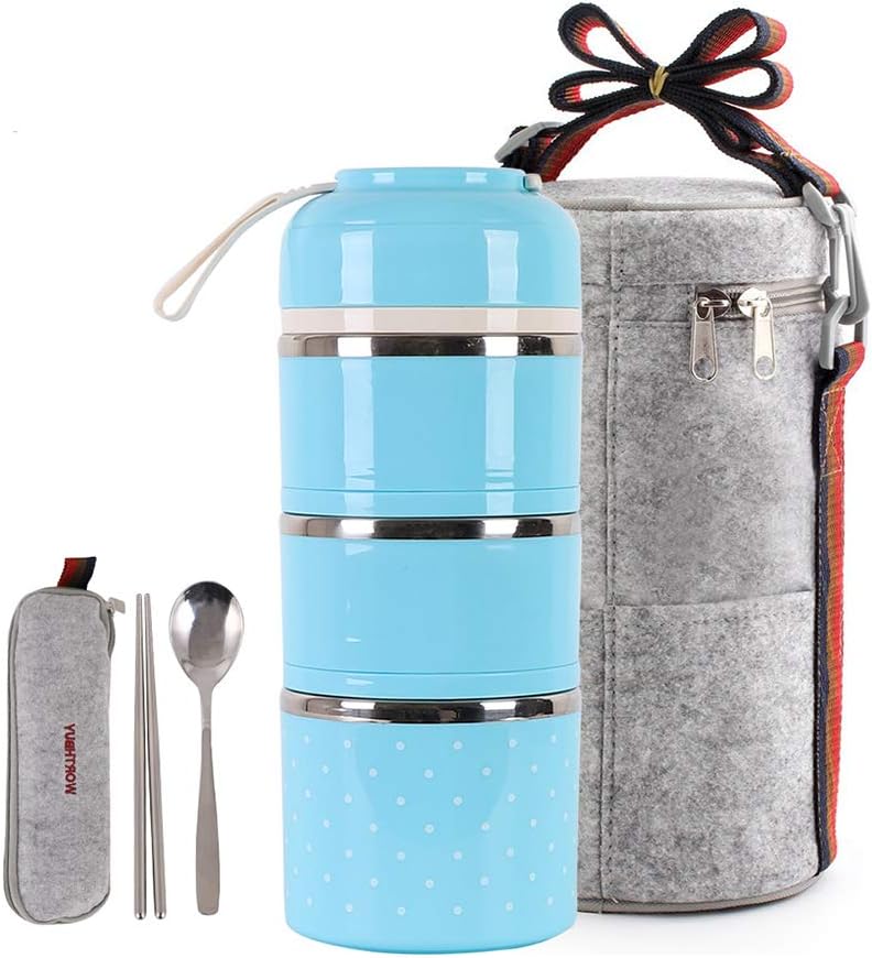 HOMESPON Lunch Box Stainless Steel Bento Box Insulated Lunch Bag Food Container Storage Boxes with Cutlery for Kids Children Teenager Adults Office School Camping (blue-3 tiers)