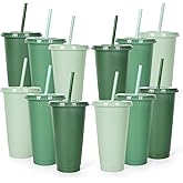 Whaline 12Pcs Sage Green Plastic Cups with Flat Lids and Straws, 24 Oz Gradient Green Reusable Tumbler Travel Mug Cup Party Drinkware Decor for Iced Coffee Beverage Drinks Party Supply