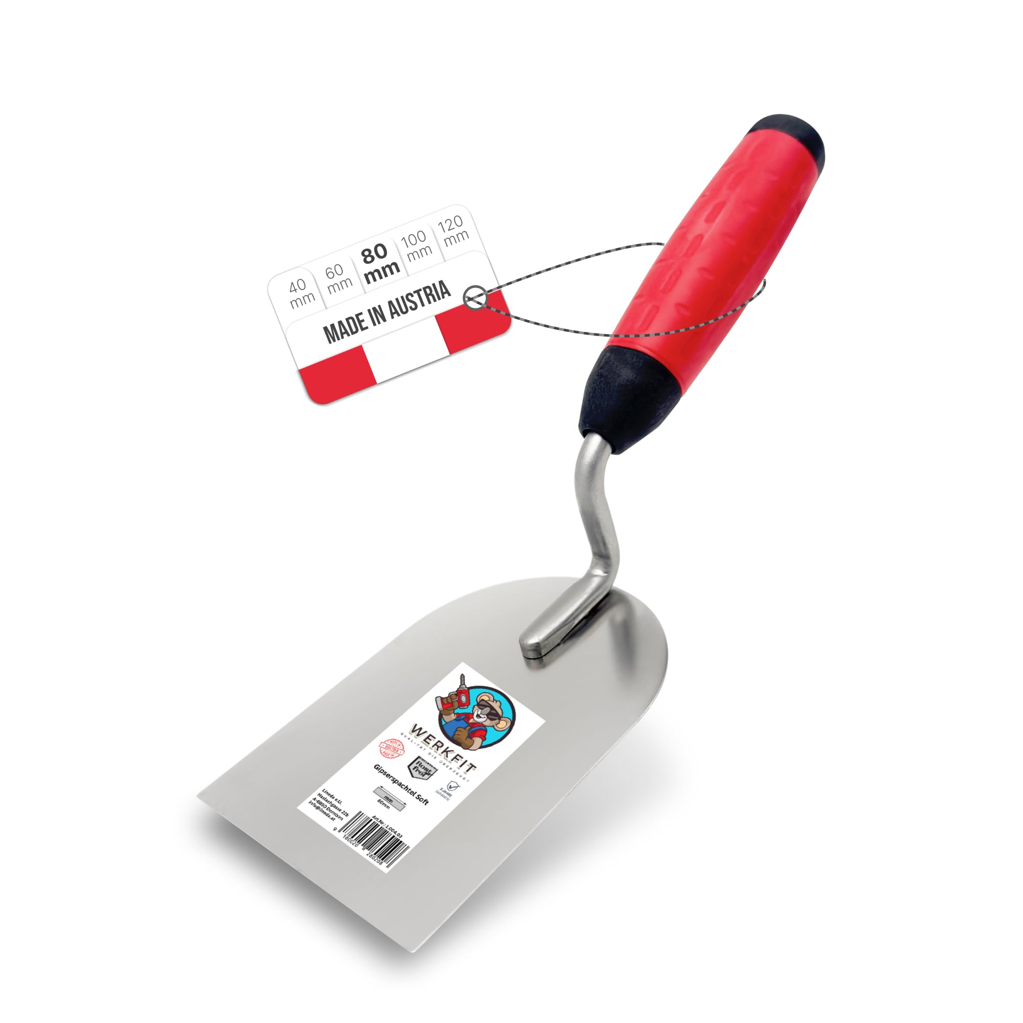 WERKFIT Professional Plasterer's Trowel Made of Stainless Steel 80 mm - Rustproof Plaster Spatula - Masonry Trowel with Soft Grip - Plastering Trowel Made in Austria (80 mm)