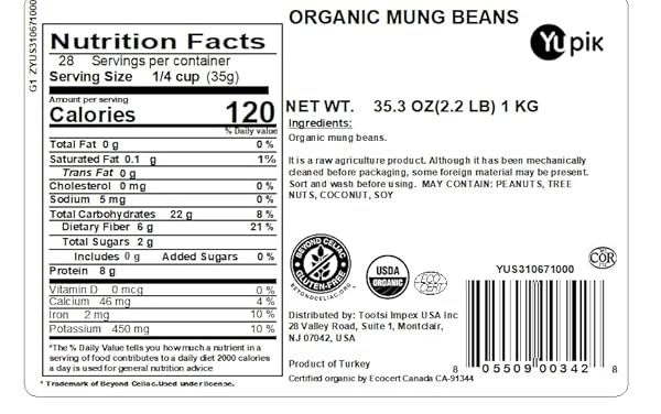 YUPIK ORGANIC MUNG BEANS, 2.2 LB (35.3 OZ), USDA CERTIFIED, KOSHER, GLUTEN-FREE, DRIED LEGUMES, EXCELLENT SOURCE OF PROTEIN & FIBER, PERFECT FOR SPROUTING, SOUPS & SALADS