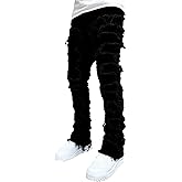 Conshvi Men's Slim Fit Stretch Jeans Distressed Patchwork Stacked Frayed Straight Leg Skinny Denim Pants