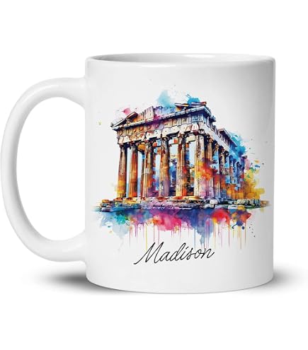 Personalized Greek Architecture Coffee Mug - Custom Name White Mug 11oz/15oz With Parthenon Design, Gift For Travel Lovers