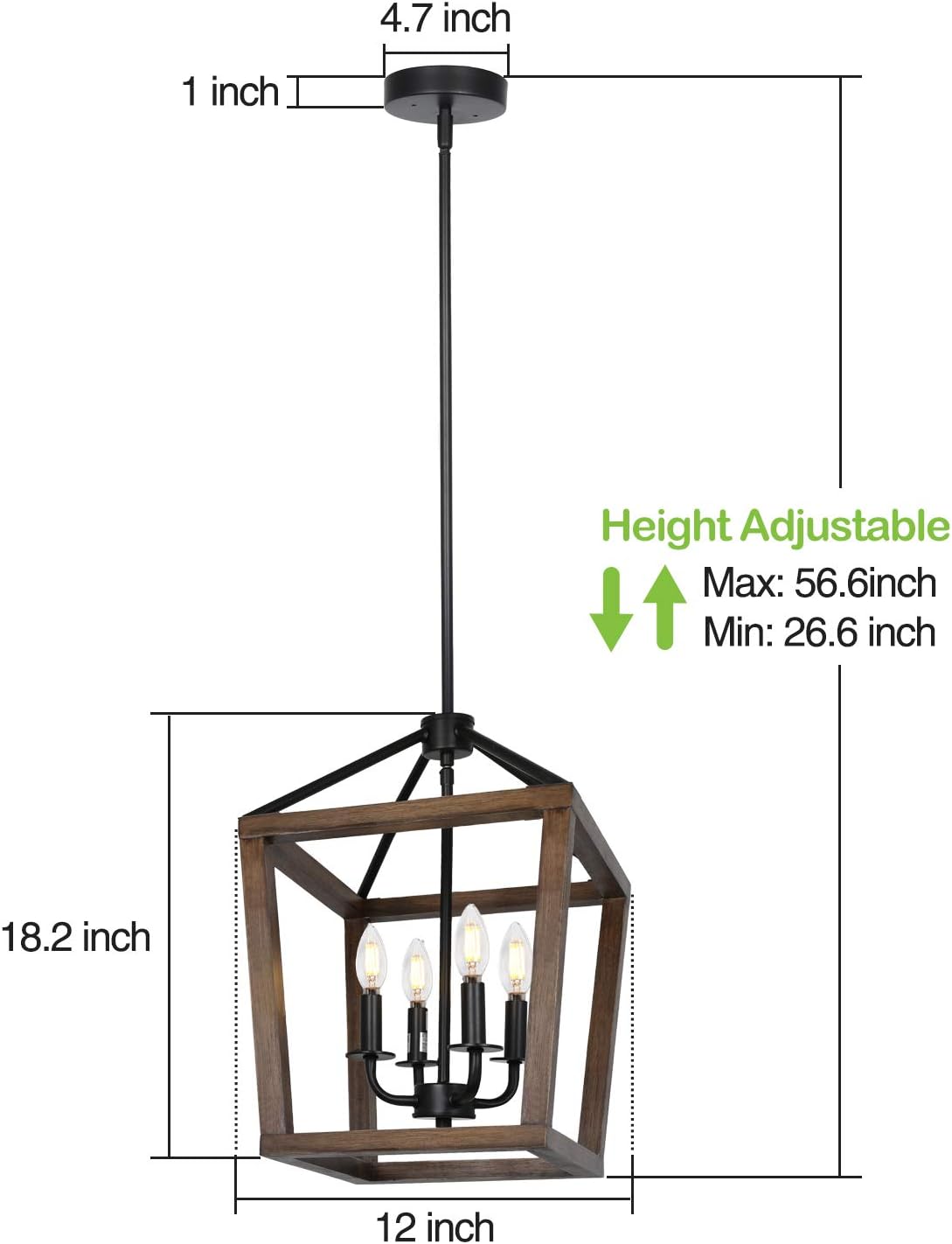 4-Light Rustic Chandelier, Adjustable Height Lantern Pendant Light with Oak Wood and Iron Finish, Farmhouse Lighting Fixtures for Dining Room, Kitchen, Hallway and Entryway, ETL Listed - - 