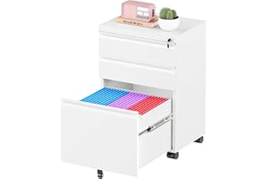 Greenvelly 3 Drawer Mobile File Cabinet with Lock, Fully Assembled Rolling File Cabinet Except Casters, Under Desk File Cabinet with Wheels for Home Office Fit Legal/Letter/A4 File (Assembled, White)