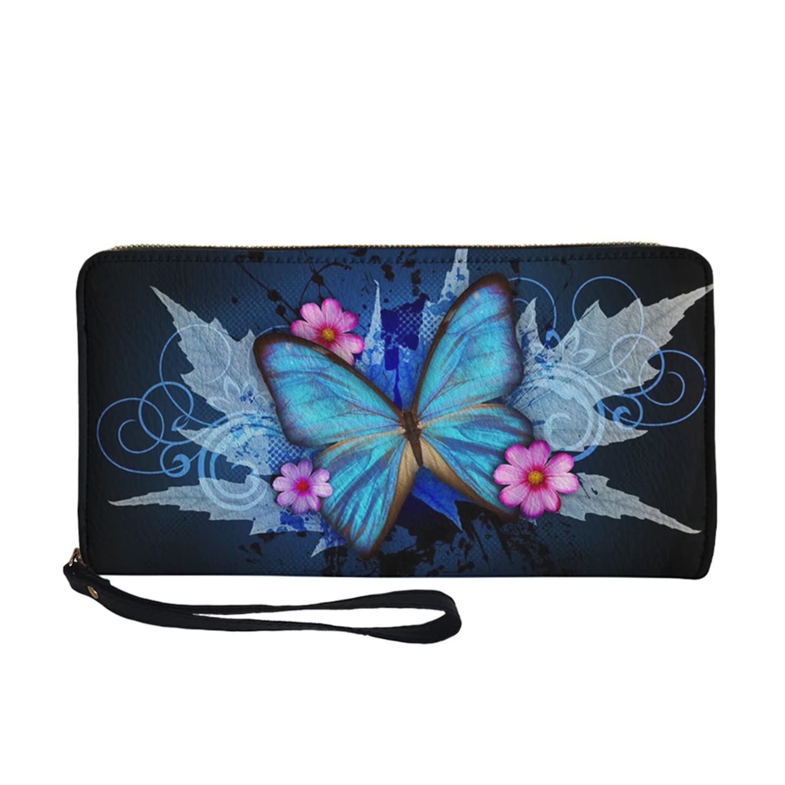 SCRAWLGOD Wallet for Women Blue Butterfly Animal Printed Zipper Long Phone Clutch Purse with Card Holder