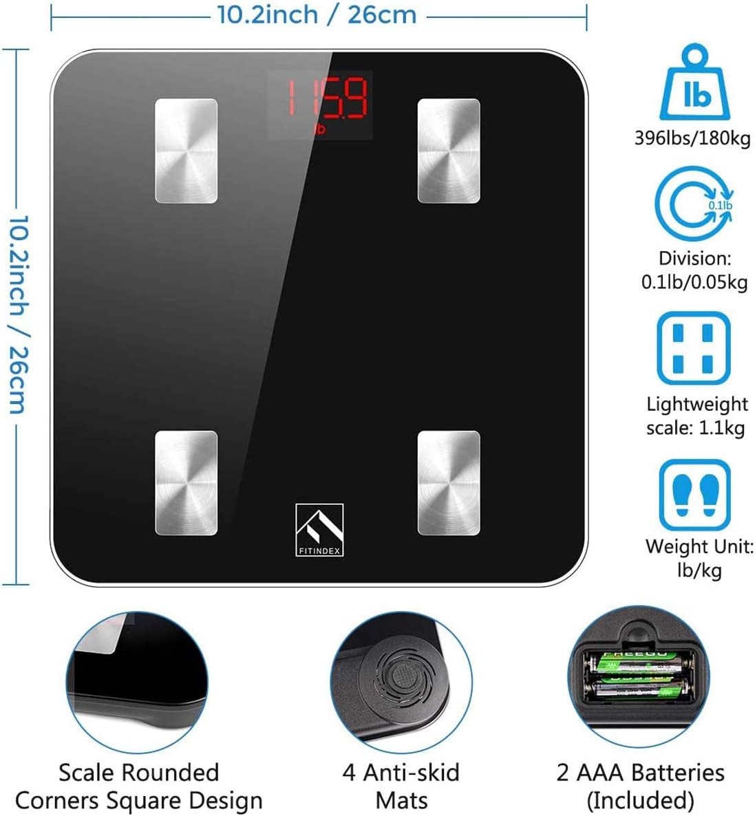 FITINDEX Smart Body Fat Scale, Digital BMI Weight Wireless Scale, Body Composition Monitor with Smartphone App for Body Weight, Body Fat, Muscle Mass, 396lbs - Black: Health & Personal Care