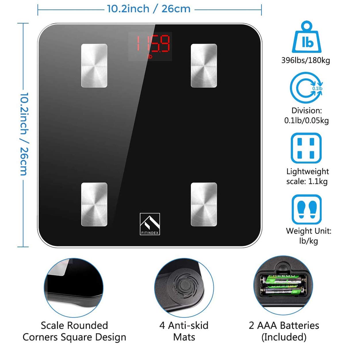 FITINDEX Scale with BMI, Body Fat, Muscle Mass, Smart Scale for Body Weight, Bluetooth, Digital, Sync with App, User Health Equipment