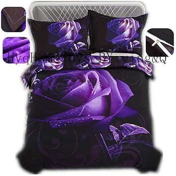 Home4joys 3d Purple Flower Bedding Sets Rose Black Duvet Cover With Pillows Case 2pcs Queen Size Bed Comforters Covers