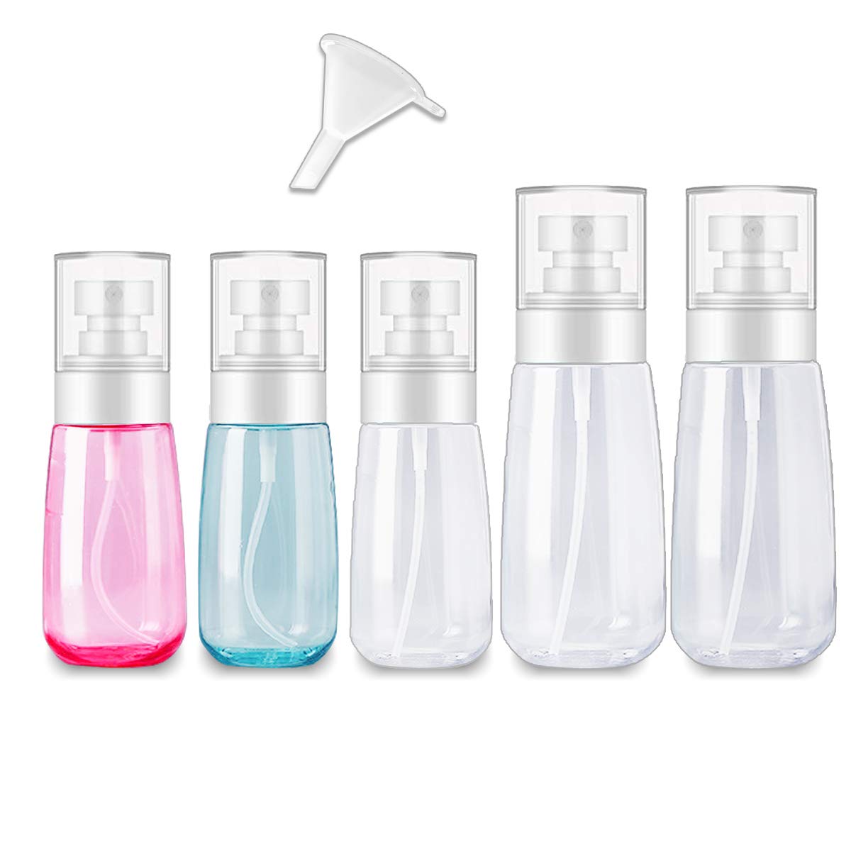 Travel Spray Bottle, 5pcs Fine Mist Spray Bottles Travel Size Spray Bottle Small Empty Clear Refillable Plastic Containers for Face Hair Make up Perfume Skincare 2.7oz/80ml & 2oz/60ml, colorful, w/1 Funnel