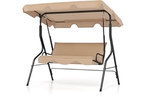 Tangkula 3 Person Porch Swing, Patio Swing with Removable Cushion & Powder-Coated Steel Frame, Outdoor Swing with Canopy for Porch, Backyard, Garden, Balcony (Beige)
