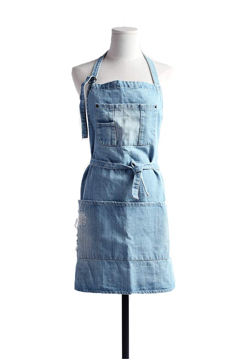 Pincy Denim Apron, Unisex Adjustable Bib Apron with Pockets for Cooking Kitchens (Wathet Blue)