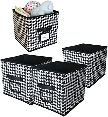 Cube Foldable Storage Bin with Label Window , Black and White Collapsible fabric Bins for Closet , Patterned Cloth Organizer , Decorative Box Container , Bookshelf , Drawer, Office (Set of 4)