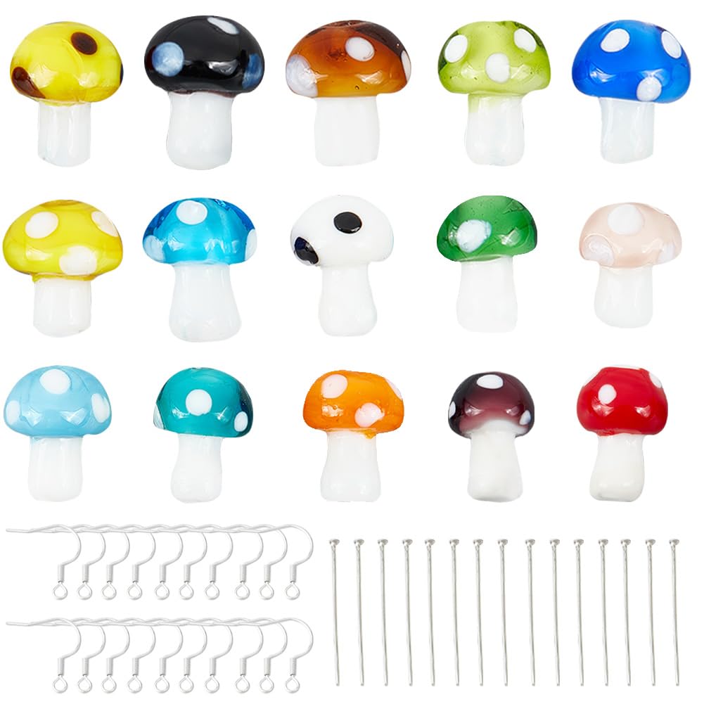 SUNNYCLUE 1 Box 90Pcs Mushroom Beads Earring Making Starter Kit Colorful Glass Lampwork Mushroom Charms Bead Earring Hooks Head Pins Mini Mushrooms Beads for Jewellery Making Kits Women DIY Supplies