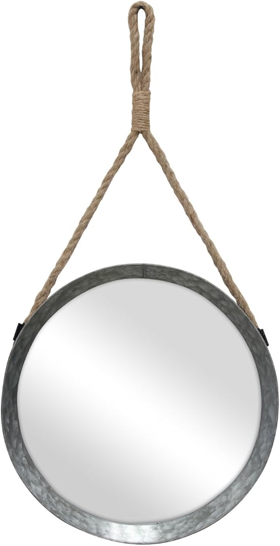 Stonebriar Rustic Round Galvanized Metal Mirror with Rope Hanging Loop