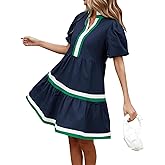 LifeShe Womens Puff Sleeve Babydoll Dress V Neck Navy Blue Striped Color Block Tiered Mini Dresses