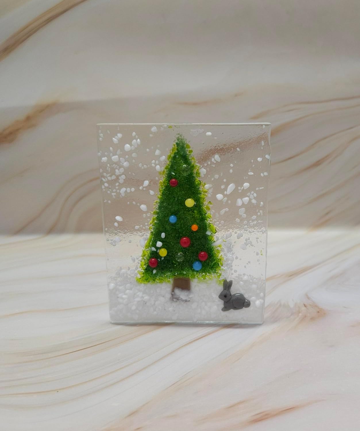 Mixed Media - Handmade Fused Art Glass Christmas Tree Tea Light - Includes battery operated candle