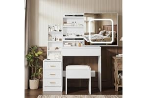 11111111 Vanity Desk with Sliding LED Mirror, Makeup Dressing Table with 4 Drawers, Storage Shelves, Power Outlet & Cushioned