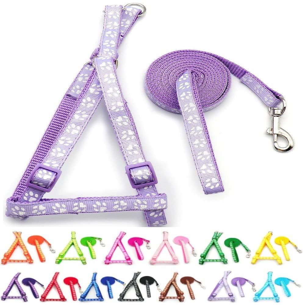 Small Dog Puppy Pet Cat Kitten Harness and Lead Set Pawprint Design Nylon Adjustable Chest Size 21-34cm and 120cm Leash Lilac Violet Light Purple